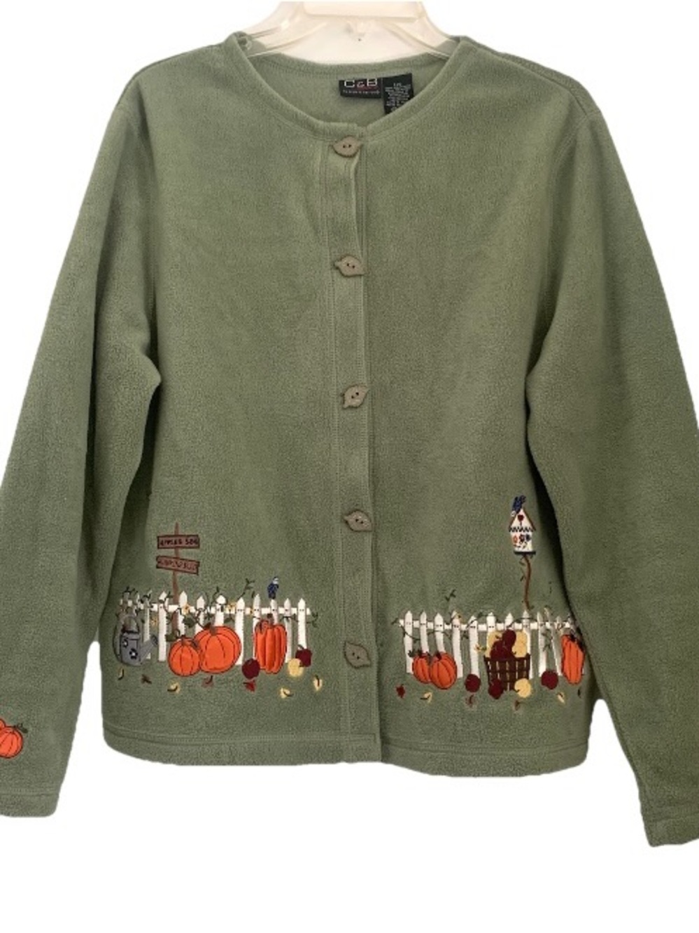 C&B Sport Croft & Barrow Cardigan Sweater Pumpkin Fall Embroidered Fleece Sz L